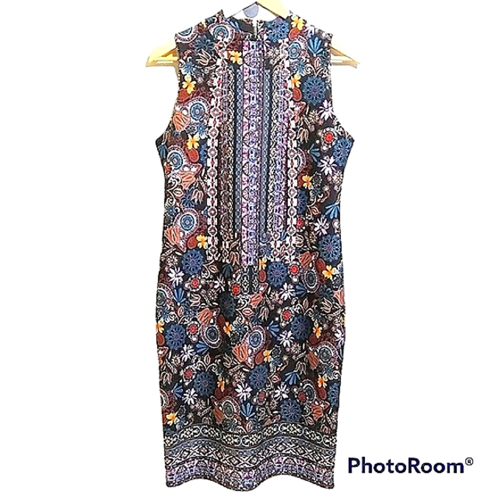 MELISSA PAIGE BOHO SLEEVELESS SHIFT DRESS MODERN TRENDY ORNATE DARK FLORAL CHIC